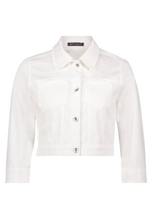 Witte denim cropped jack met lange mouwen, knoopsluiting aan de voorkant, twee borstzakken en glanzende zilveren knopen. Soepele textuur, klassiek kraagontwerp.