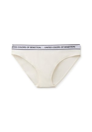 Weißer Bikini-Unterwäsche-Stil mit einem schwarz-weißen Bund mit wiederholtem Text "United Colors of Benetton".
