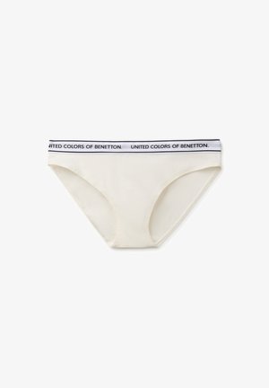 Weißer Bikini-Unterwäsche-Stil mit einem schwarz-weißen Bund mit wiederholtem Text "United Colors of Benetton".