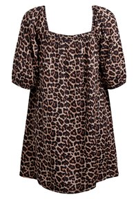 Leopard print tunic with a square neckline, short puffed sleeves, and a relaxed fit. Fabric has a smooth texture with a lightweight design.