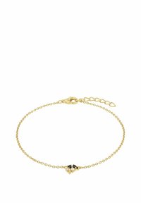 Pulsera de cadena dorada fina con un pequeño racimo de piedras preciosas negras y blancas y eslabones en forma de corazón de extensión.