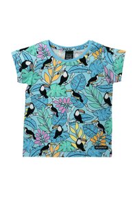 Short-sleeve t-shirt featuring a light blue background with black toucans and colorful tropical leaves in shades of green, pink, and orange.