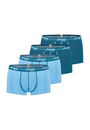 Four men's boxer briefs in two shades of blue, each with a branded elastic waistband reading "Sloggi."