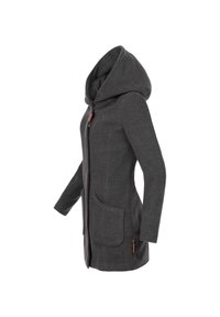 Veste longue ajustée gris foncé avec grande capuche, fermeture éclair à l'avant et deux poches frontales, vue de côté sur un fond uni.