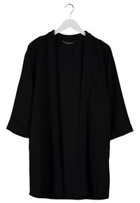 Černý kardigan ve stylu kimono vyrobený z lehkého materiálu, s širokými rukávy, otevřeným předním dílem a bez zapínání.