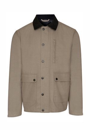 Beige afslappet jakke med sort fløjlskrave, trykknapper foran, to klaplommer og en lodret lynlåslomme på brystet.