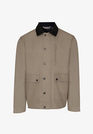 Veste décontractée beige avec col en velours côtelé noir, boutons-pression sur le devant, deux poches à rabat et une poche poitrine verticale zippée.