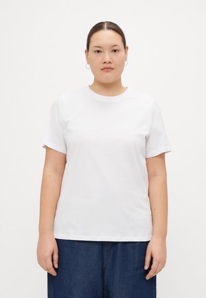 White cotton t-shirt with short sleeves and a crew neckline, featuring a plain design and no additional patterns or accents.