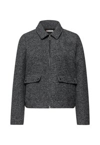 Szara krótka kurtka z teksturowanej tkaniny, z kołnierzem, przednim zamkiem błyskawicznym oraz dwiema kieszeniami na piersiach z klapami.