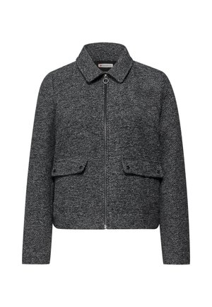 Szara krótka kurtka z teksturowanej tkaniny, z kołnierzem, przednim zamkiem błyskawicznym oraz dwiema kieszeniami na piersiach z klapami.