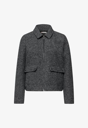 Graue, taillierte Jacke aus strukturiertem Stoff mit Kragen, Frontreißverschluss und zwei Brusttaschen mit Klappen.