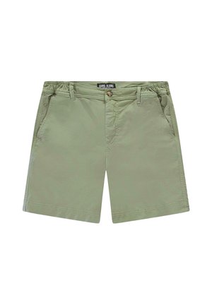 Lichtgroene casual korte broek met zijzakken, riemlussen, een knoopsluiting en een elastische tailleband aan de achterkant.