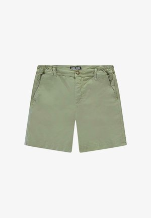 Lichtgroene casual korte broek met zijzakken, riemlussen, een knoopsluiting en een elastische tailleband aan de achterkant.