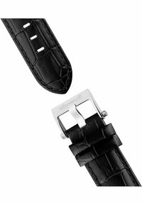 Zwarte leren horlogeband met een getextureerd krokodillenpatroon, zilveren metalen gesp en drie verstelgaten voor een veilige pasvorm.