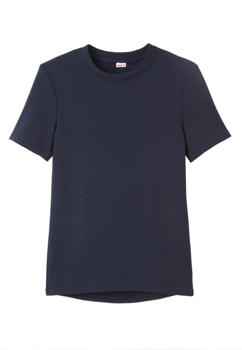 Maglietta a maniche corte di colore navy realizzata in morbido cotone. Presenta un collo a giro e un taglio dritto con un orlo leggermente curvo.