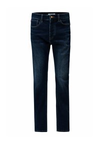 Jeans de mezclilla azul oscuro con un corte recto, diseño de cinco bolsillos y herrajes de cobre en el botón y la cremallera. Textura suave.