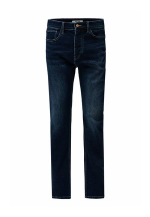 Jeans de mezclilla azul oscuro con un corte recto, diseño de cinco bolsillos y herrajes de cobre en el botón y la cremallera. Textura suave.