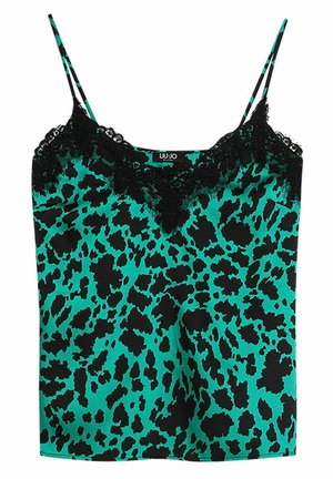 Zielony satynowy top na ramiączkach z czarnym nadrukiem w panterkę, cienkimi ramiączkami i czarną koronką wzdłuż dekoltu.