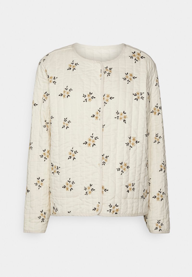 Giacca trapuntata in tessuto crema, con ricami floreali in giallo e nero. Ha maniche lunghe e collo rotondo. Chiusura con zip.