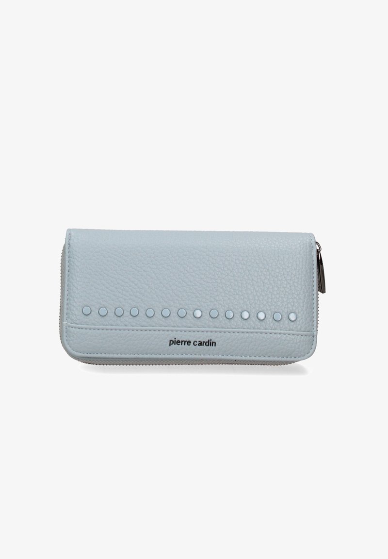 Lichtblauwe leren portefeuille met een gestructureerde afwerking, voorzien van decoratieve ronde accenten aan de voorkant en een ritssluiting. Merkl logo zichtbaar.