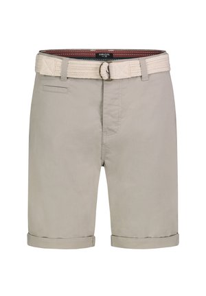 Beige men's shorts with rolled cuffs, front pocket, and a woven beige belt with a round metal buckle.