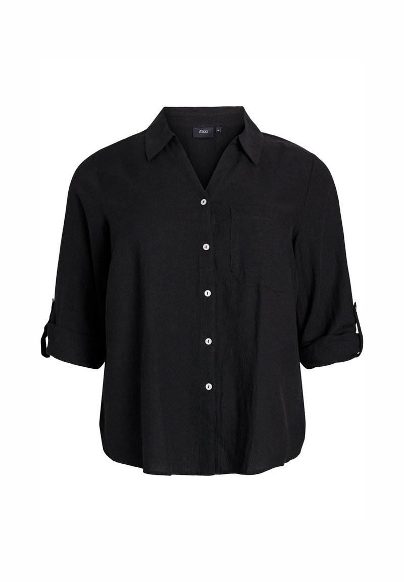 Camisa de lino negra con cuello, bolsillo delantero y mangas enrolladas. Seis botones blancos decoran el frente para el cierre.