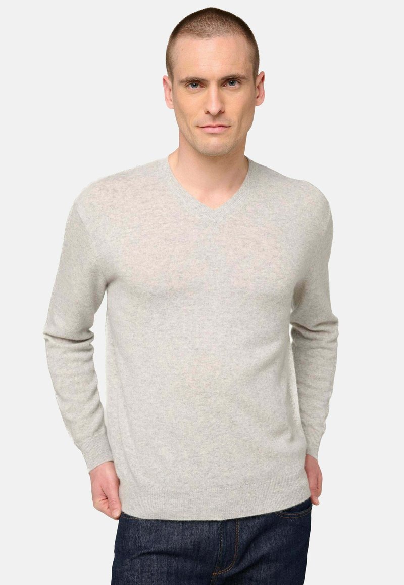 Pull gris clair à encolure en V en matière douce et texturée. Manches longues avec poignets ajustés, porté avec un jean bleu foncé. Design simple et classique.