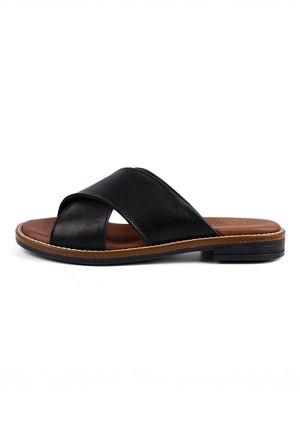 Black leather slip-on sandal with crossed straps, brown cushioned insole, and low black heel, shown from the side on a white background.