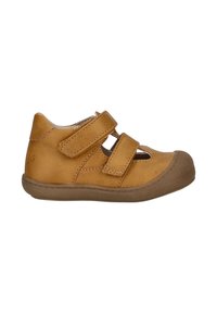 Braune Lederschuhe für Kinder mit zwei verstellbaren Klettverschlüssen, abgerundeter Zehenform und einer robusten Gummisohle.