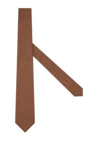 Hnědá kravata z texturované látky, s špičatým koncem a úzkým koncem s logem. Jednoduchá, jednobarevná bez vzorů.