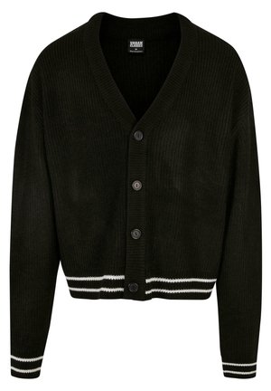 Schwarze gerippte Strickjacke mit V-Ausschnitt, fünf Knöpfen, weißen Streifenakzenten an den Manschetten und dem Saum sowie einem verkürzten Design.
