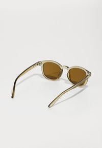 Lunettes de soleil en forme de chat avec une monture transparente brun clair, des verres marron et des branches fines légèrement courbées. Surface lisse avec un minimum de matériel.