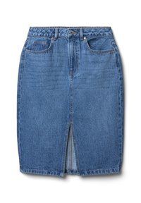 Jupe crayon en denim bleu moyen avec fente avant. Comprend cinq poches, passants de ceinture, fermeture à bouton métallique et détails de couture contrastés.