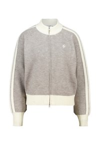 Sweat à zip gris avec un col montant, des poignets et un ourlet côtelés. Présente des rayures crème le long des manches et un petit logo sur la poitrine.