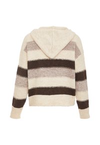 Maglione con cappuccio lavorato a maglia con ampie righe orizzontali in beige, marrone e taupe, visto da dietro.