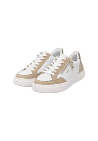 White sneakers with beige suede accents, featuring a rubber sole and zipper detail on the side. Laces are white, and the overall design is low-top.