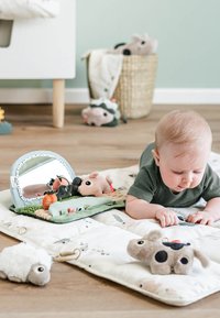 Kleurrijke speelmat met zachte, getextureerde oppervlakte. Inclusief een spiegel, knuffeldieren en stoffen accenten in dierontwerpen. Wit en pastelgroen kleurenpalet.