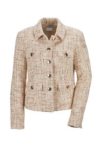 Dubbelzijdig beige tweed jasje met metalen knopen, twee voorzakken, gestructureerde kraag en textuurstof.