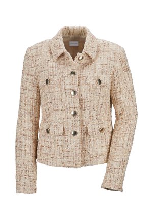 Dubbelzijdig beige tweed jasje met metalen knopen, twee voorzakken, gestructureerde kraag en textuurstof.