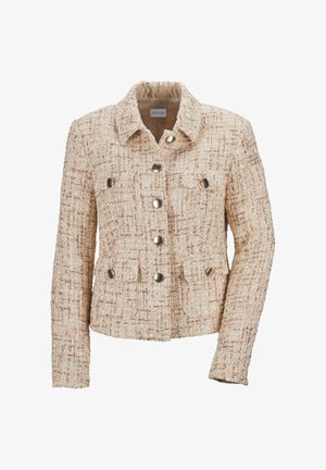 Dubbelzijdig beige tweed jasje met metalen knopen, twee voorzakken, gestructureerde kraag en textuurstof.