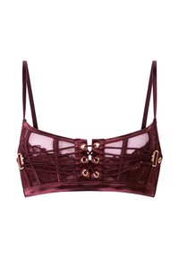 Bordeaux kanten bralette met gaaspanelen, satijnen accenten, gouden hardware en een vetersluiting in het midden voor een verstelbare pasvorm.