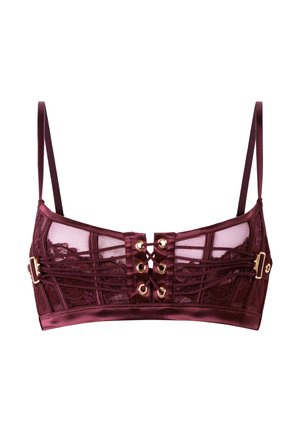 Bralette en dentelle bordeaux avec des panneaux en mesh, des accents en satin, des éléments en or et un design à lacet central pour un ajustement réglable.