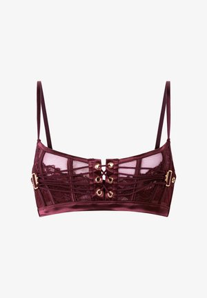 Bralette in pizzo bordeaux con pannelli in rete, dettagli in satin, accessori in oro e design con lacci al centro per una vestibilità regolabile.