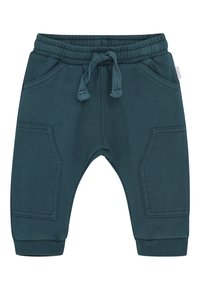 Donkerblauwe peuter sweatpants met elastische tailleband, voor trekkoord, twee zijzakken en geribbelde boorden.