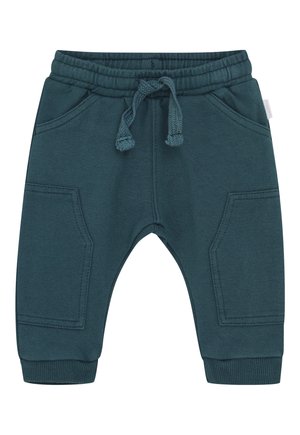 Dunkelgrüne Sweatpants für Kleinkinder mit elastischem Bund, vorderem Kordelzug, zwei Seitentaschen und gerippten Bündchen.