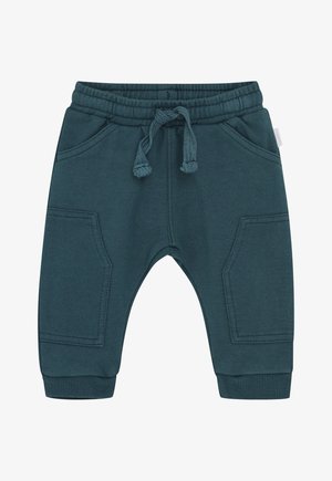 Donkerblauwe peuter sweatpants met elastische tailleband, voor trekkoord, twee zijzakken en geribbelde boorden.