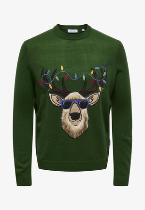Green knitted sweater featuring a reindeer with antlers, wearing purple sunglasses, decorated with colorful lights and embroidered details.