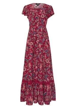 Robe maxi rouge avec manches courtes, boutonnée à l'avant, imprimé floral rose, bleu et beige, avec un détail d'ourlet festonné.