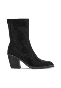 Bottine noire avec un design ajusté, dotée d'un dessus en maille texturée, d'un bout pointu et d'un talon bloc solide avec une finition mate.