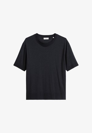 Czarna bawełniana koszulka z okrągłym dekoltem, krótkimi rękawami i luźnym krojem. Materiał wydaje się gładki z delikatnym połyskiem.